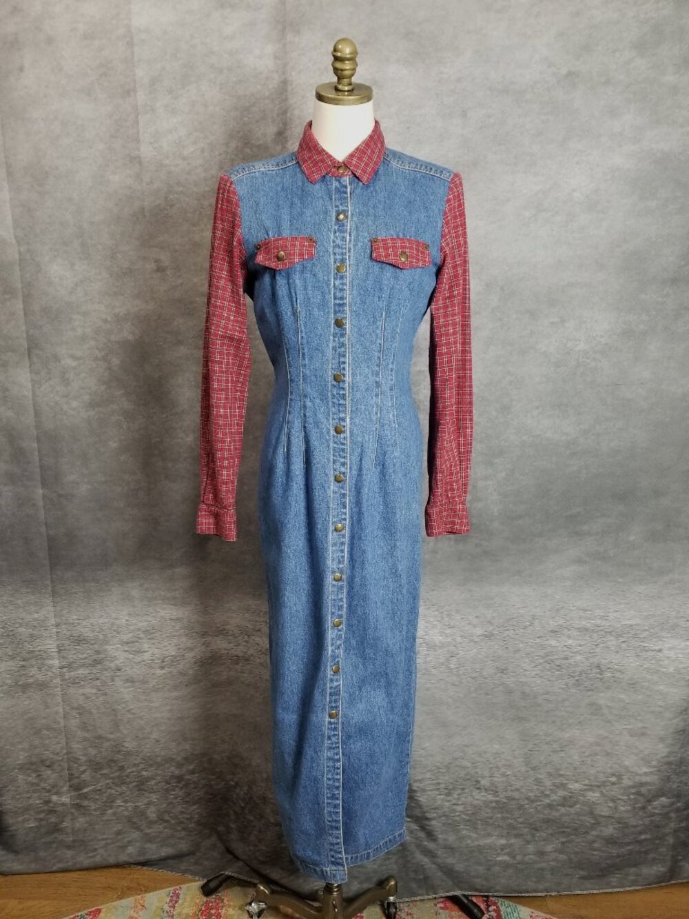 VTG Paris Blues Denim & Plaid Flannel Maxi Dress Size 7 Western 90s Cottagecore